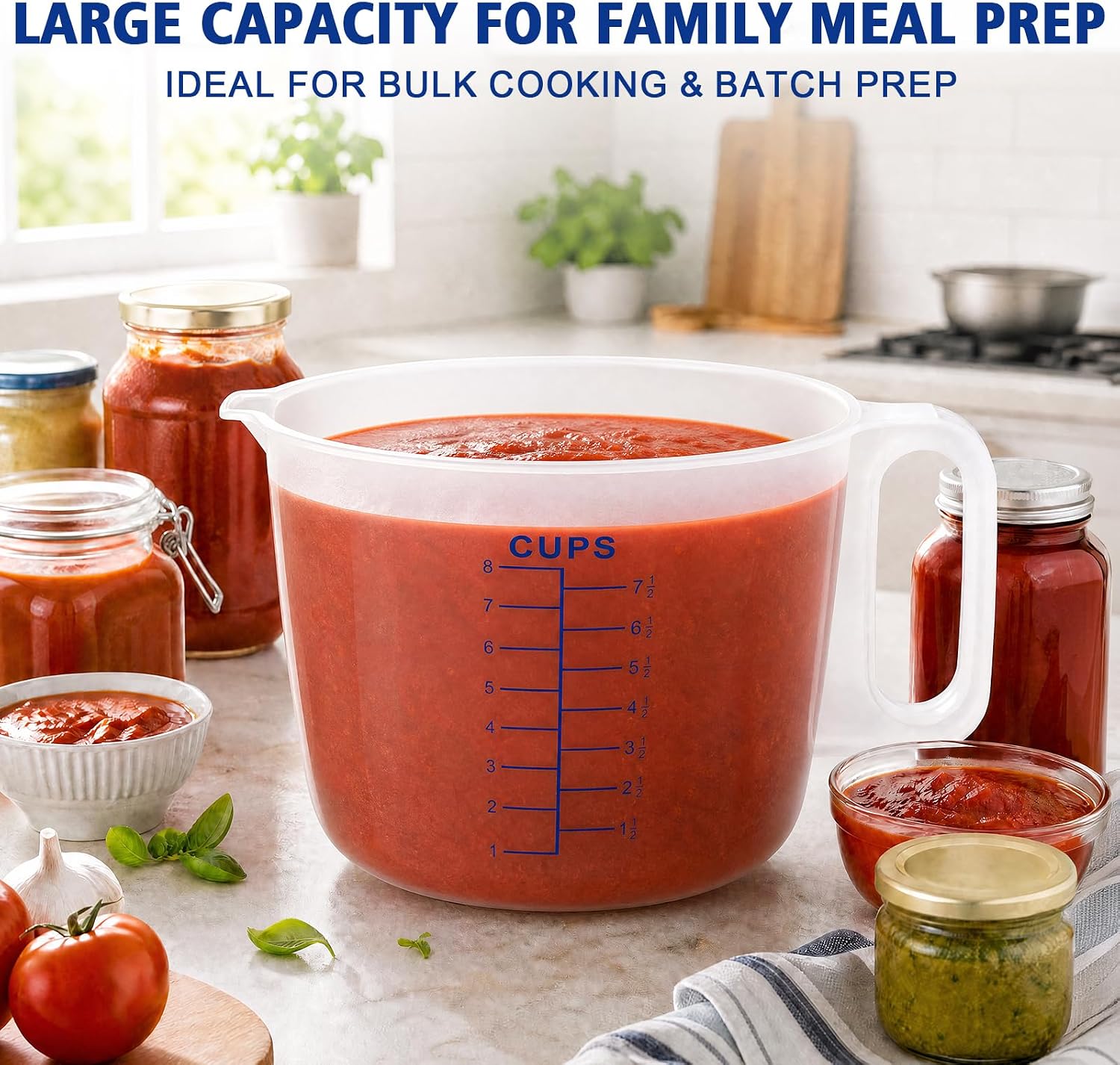 8 Cup Measuring Cup Mixing Pitcher,2 Quart Plastic Large Measure Cup with Lid Handle Spout for Baking Pancake Whisking(Blue, 1Pack)