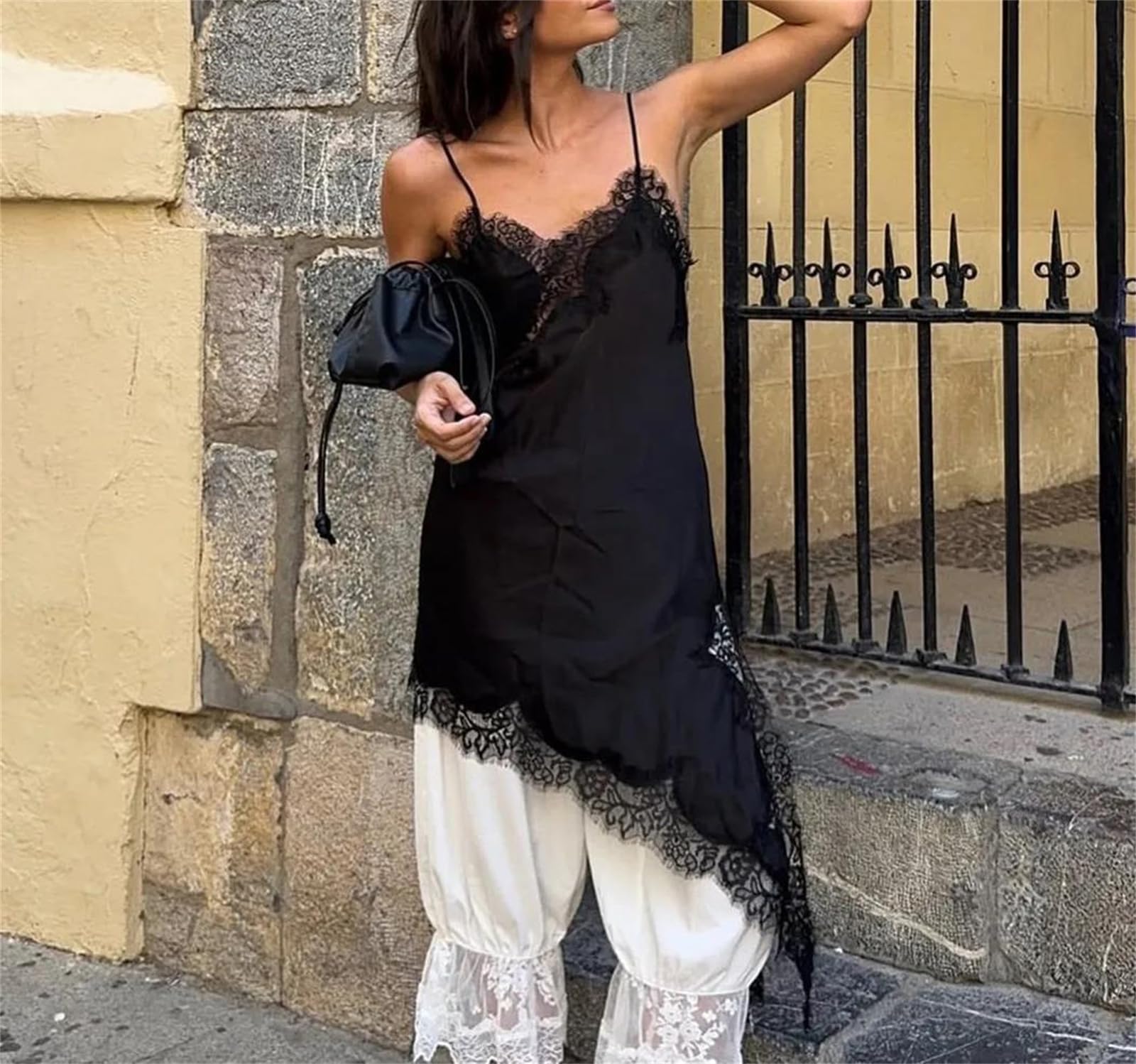 Genérico Camiseta de Tirantes Irregular de Encaje Sexy para Mujer, con Escote en V, Espalda Descubierta, sin Mangas, Transparente, Estilo Urbano (Top Corto, Talla 6 Mediana)