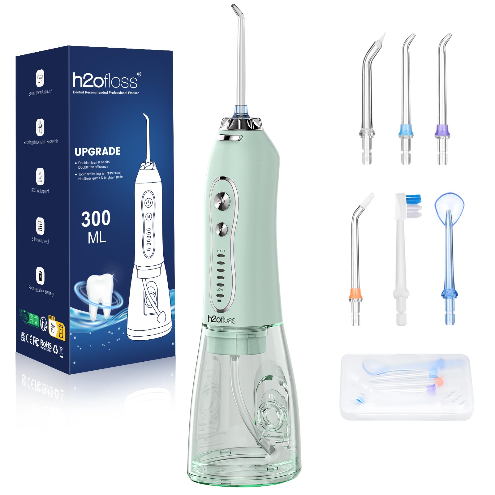 H2ofloss Water Dental Flosser Teeth Pick -Portable Oral Irrigator with 5 Modes, Rechargeable IPX7 Waterproof Orthodontic Teeth Cleaner Pick Cordless for Home Travel-300ml Water Tank (Green) discount deal