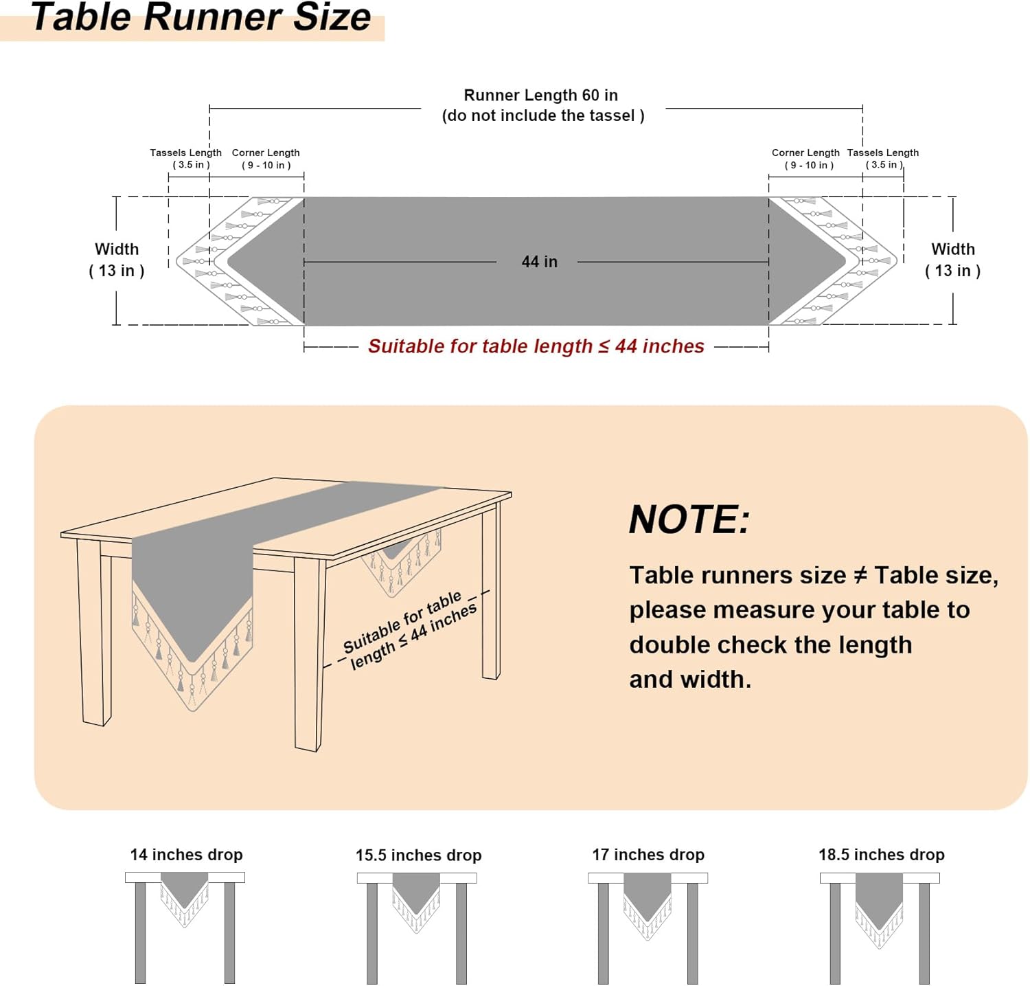 Loom and Mill Luxury Table Runner 60 Inches Long, Floral Jacquard Damask Dining Table Runner with Multi-Tassels for Dining Room Dresser Party Banquet Holiday Decorations(Light Apricot, 13*60 inch)