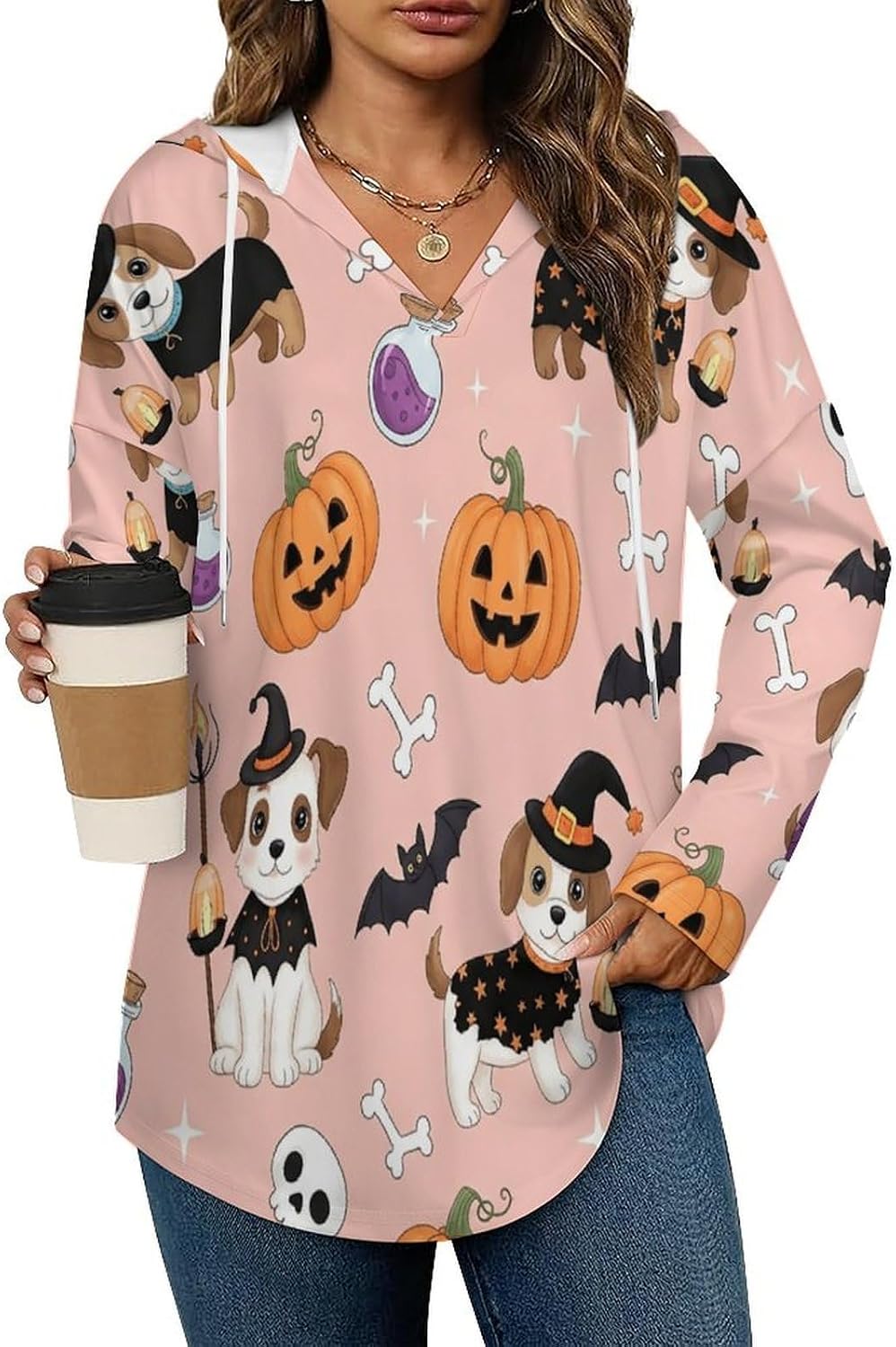 Women's V-Neck Hoodie with Drawstring Long Sleeve Lightweight Pullover, Loose Fit Sweatshirt for Casual Fashion Top