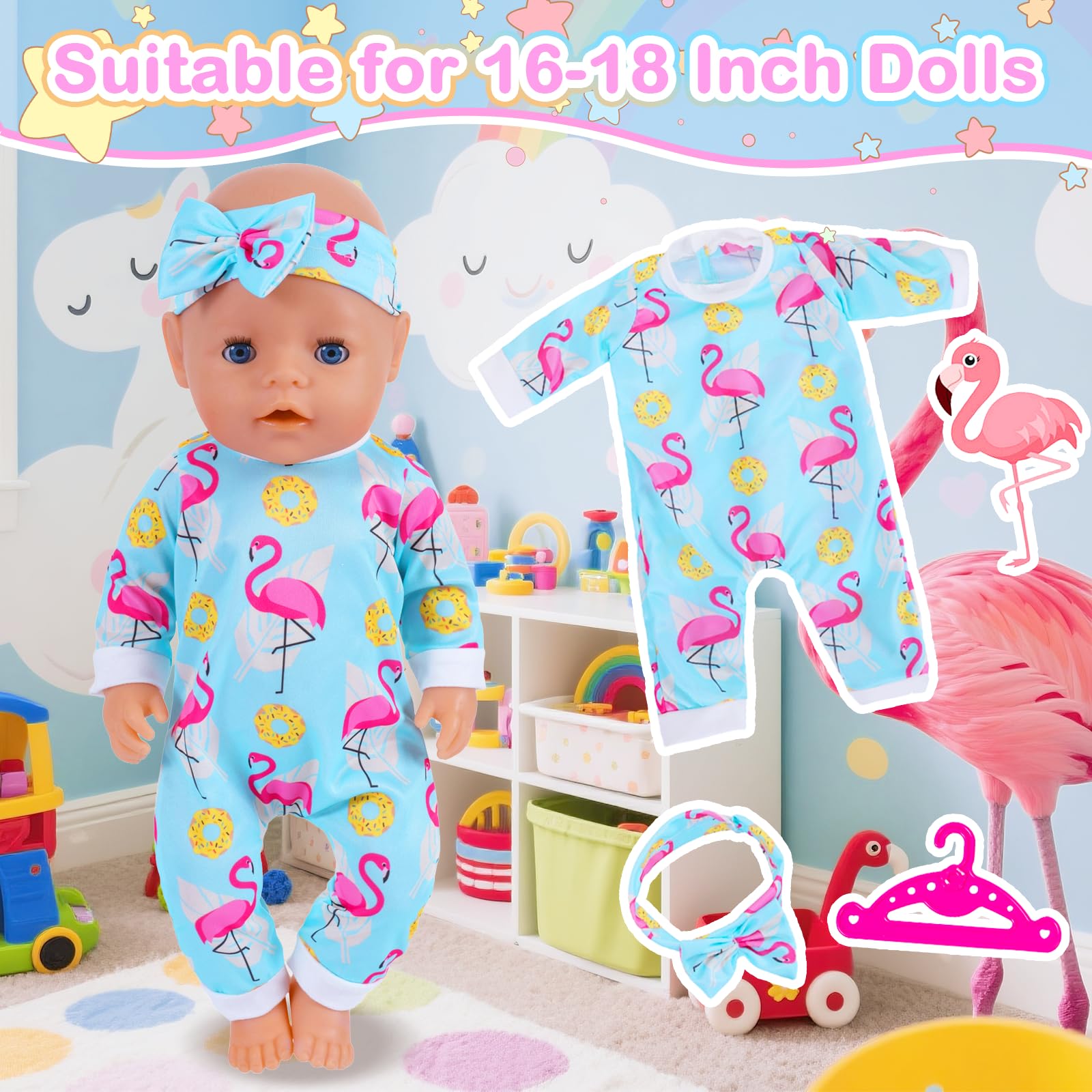 Baby Doll Clothes for 16-18 Inch Dolls, 6 Packs Baby Doll Outfits mit Pink, Pink, Blue, 16-18 inches - Image 3