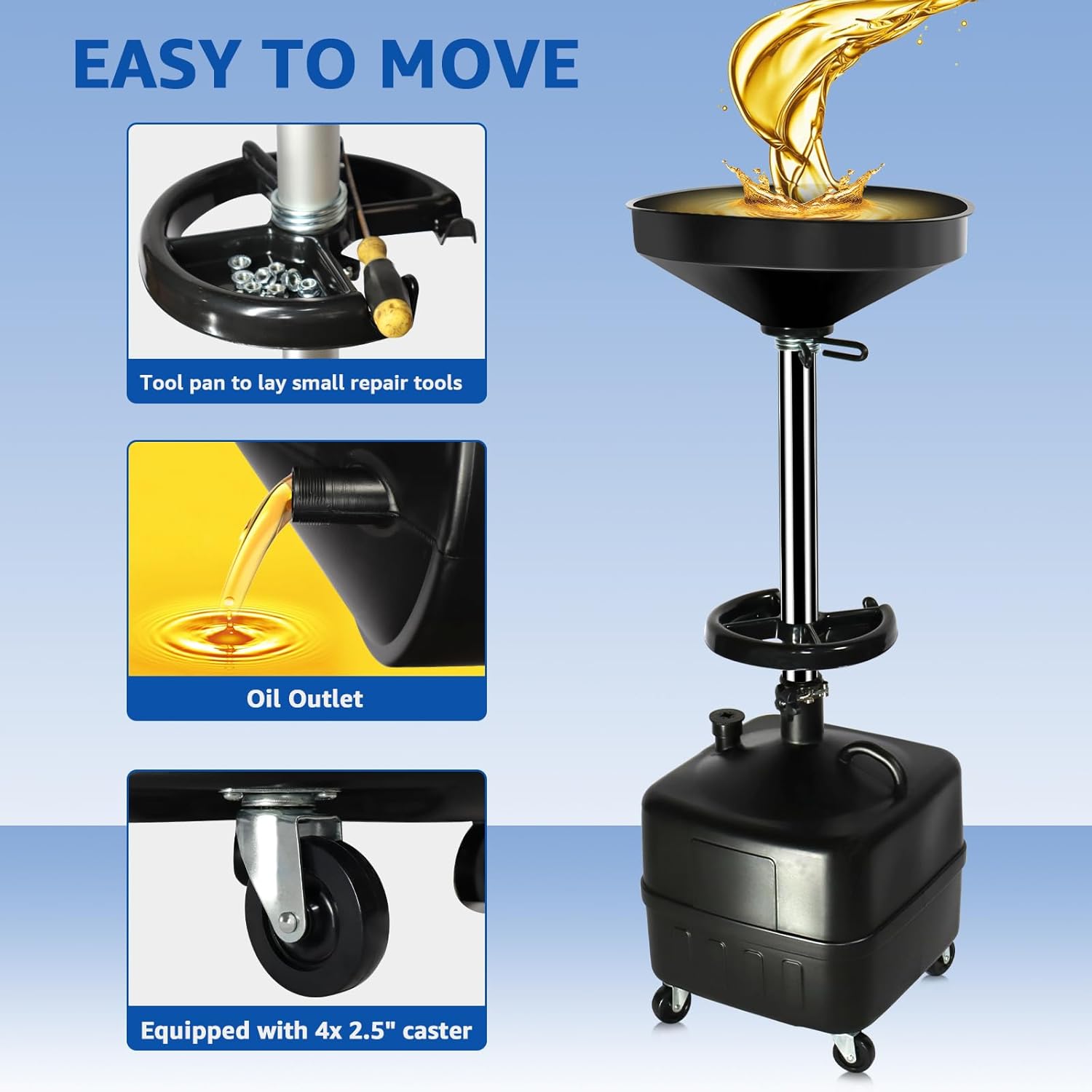 HKTE 9-Gallon Waste Oil Drainer, Adjustable Height (27"–68") with Spring Clamp, 17" Funnel, Mobile Oil Drain Pan with Heavy-Duty Casters, Tool Tray, Oil Filtration Screen, for Cars, Trucks, SUVs