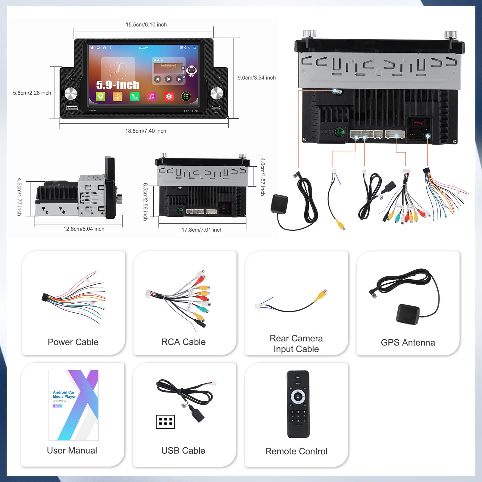 [2+64G] SIXWIN Android 13 Radio samochodowe 1 Din z fizycznymi przyciskami, 5,9 cala pojemnościowy ekran dotykowy WiFi/GPS/FM/RDS/Bluetooth/SWC
