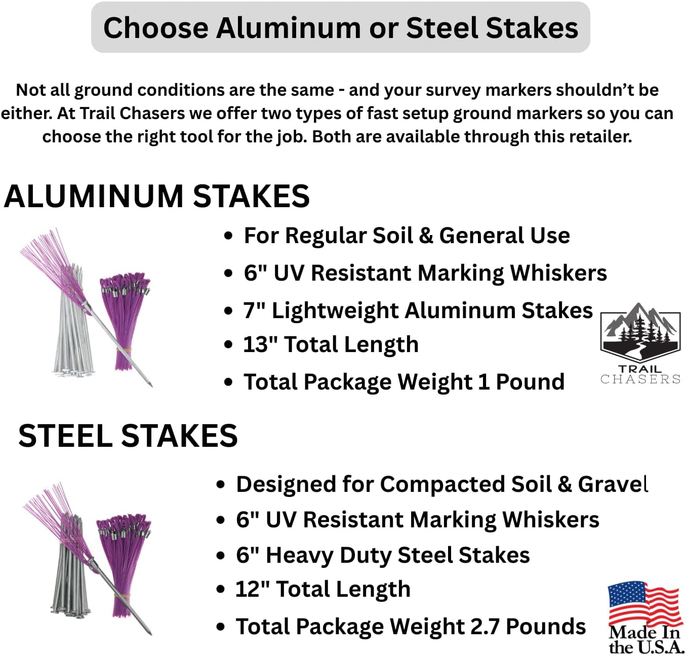 Trail Chasers® Pruple Marking Flags (Whiskers), 6" Ground Markers with Aluminum Stakes, 25 Pack for Survey & Construction