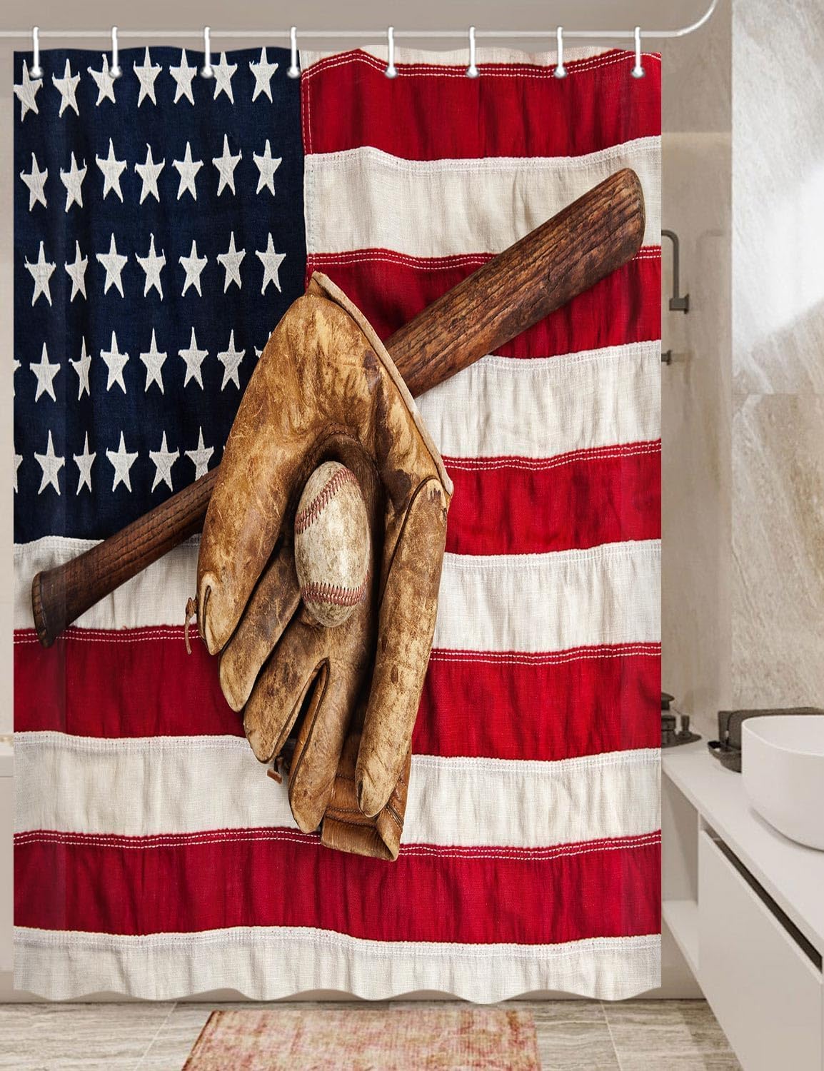 DYNH Baseball Shower Curtain for Bathroom, Vintage League Equipment USA Grunge Glove Bat Fielding Sports Shower Curtains, Men Boys Sports Shower Curtain Bathroom Accessories with Hooks,72X84IN