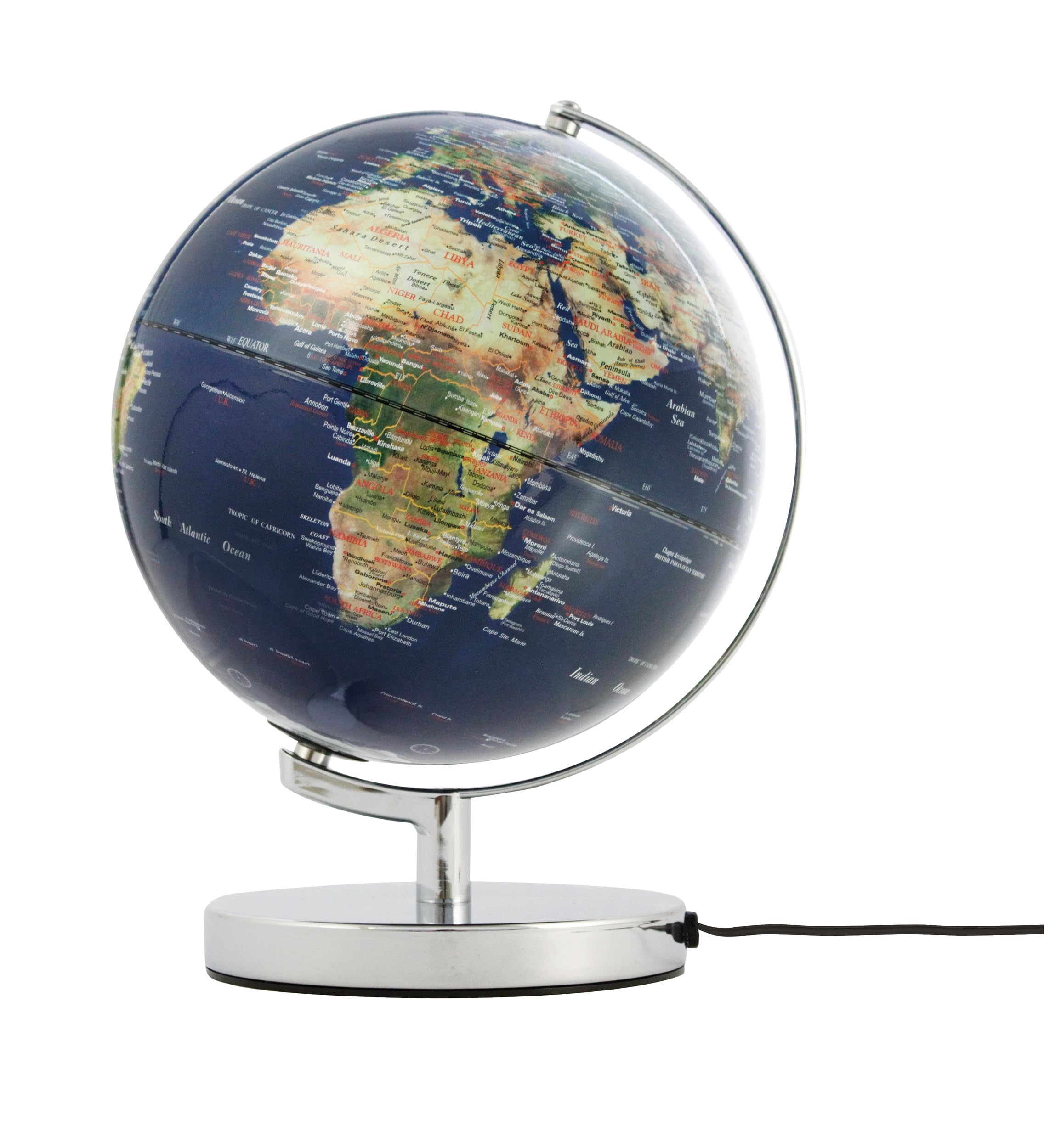 Globus mit 25 cm Durchmesser – TERRA LIGHT – integrierte Beleuchtung mit hell beleuchteten politischen Grenzen – verchromter Metallfuß, topografische Karte – bewegliche Achse – blau, grün – TROIKA