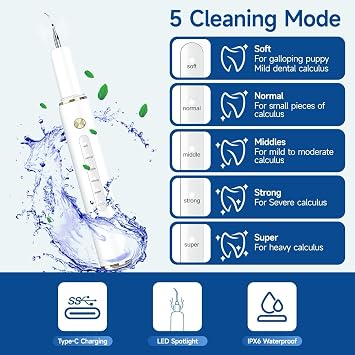 Jellytree Plaque Remover for Teeth: Dog Teeth Cleaning Kit for Tartar Remover for Teeth Electric Pet Ultrasonic Dental Tools with LED Light Dog Teeth Cleaning and Cat Teeth Cleaning 5 Modes (White)