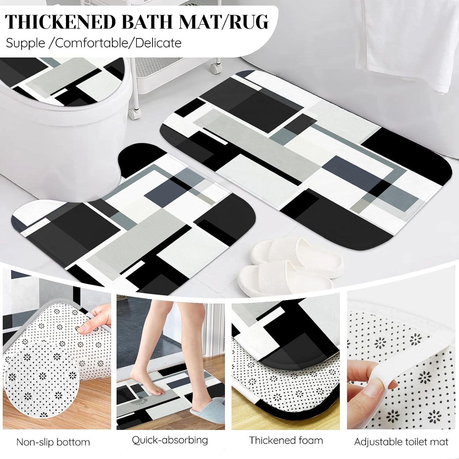 Black Bathroom Sets with Shower Curtain and Rugs, Bathroom Accessory Set with Shower Curtain,Bath Rugs, Trash Can, Toilet Brush Holder Set & Soap Dispenser