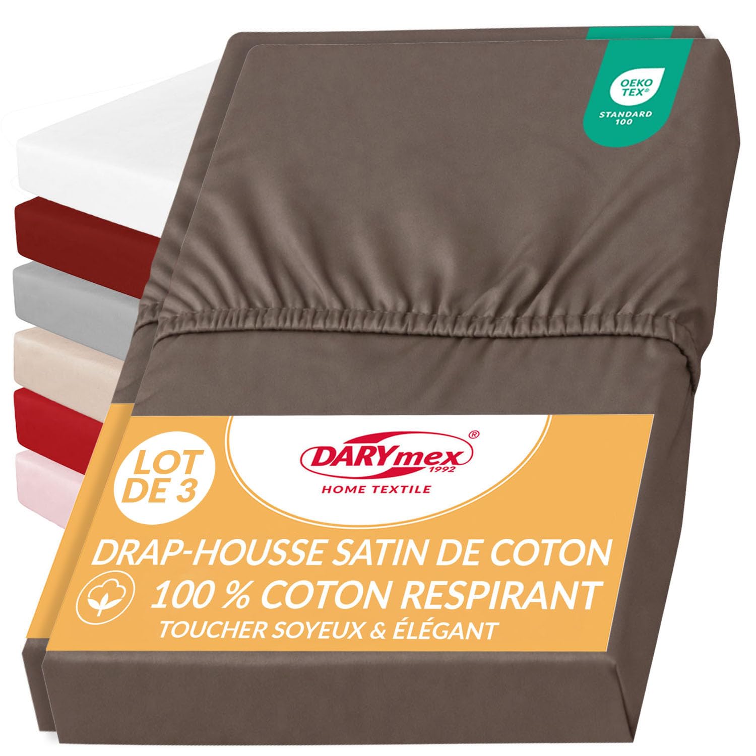 Darymex 3X Spannbettlaken, Baumwoll-Satin, 140x200 cm, bis 20 cm, Sepia