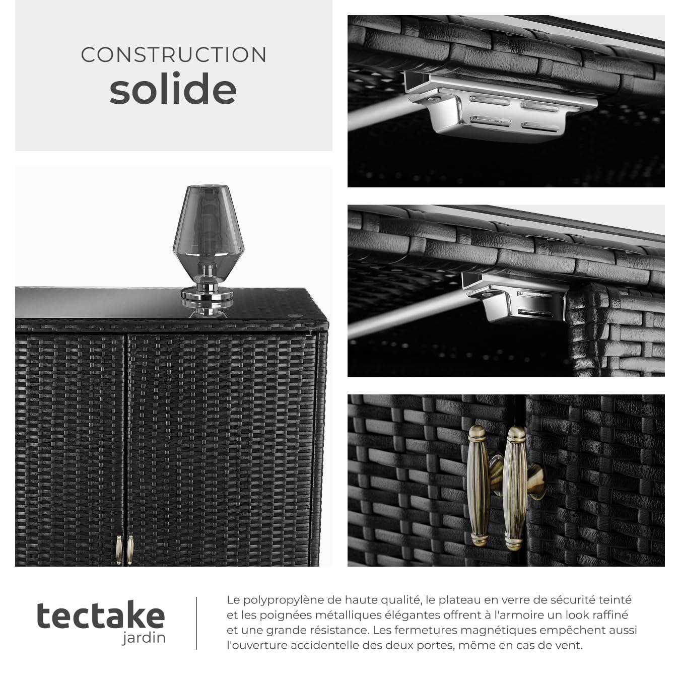 tectake® Armoire de Jardin Abri de Jardin en Résine tressée & Aluminium Inoxydable Solide, avec 2 Portes battantes, Remise pour Outils de Jardinage 3 étagères Accessoires de Piscine Jouets Enfants