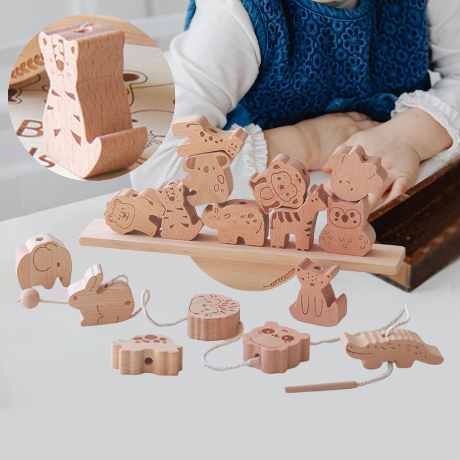 F Fityle Juguete apilable de bloques de animales de madera, juego de equilibrio, habilidades motoras, ensartar cuentas, regalo de fiesta, juguete educativo