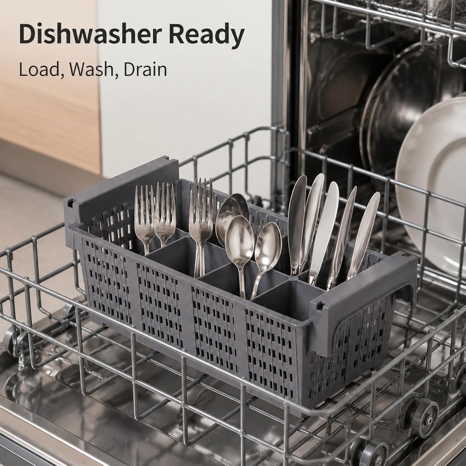 16 Inch Dishwasher Flatware Basket, 8 Compartments, Handle, Gray