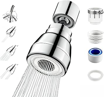 360  Swivel Kitchen Tap Spray Head - 3 Mode Faucet Adapter Aerator for Sink Dishwashing and Food Rinsing, Universal Fit Modern Homes Silver, 1 Pc