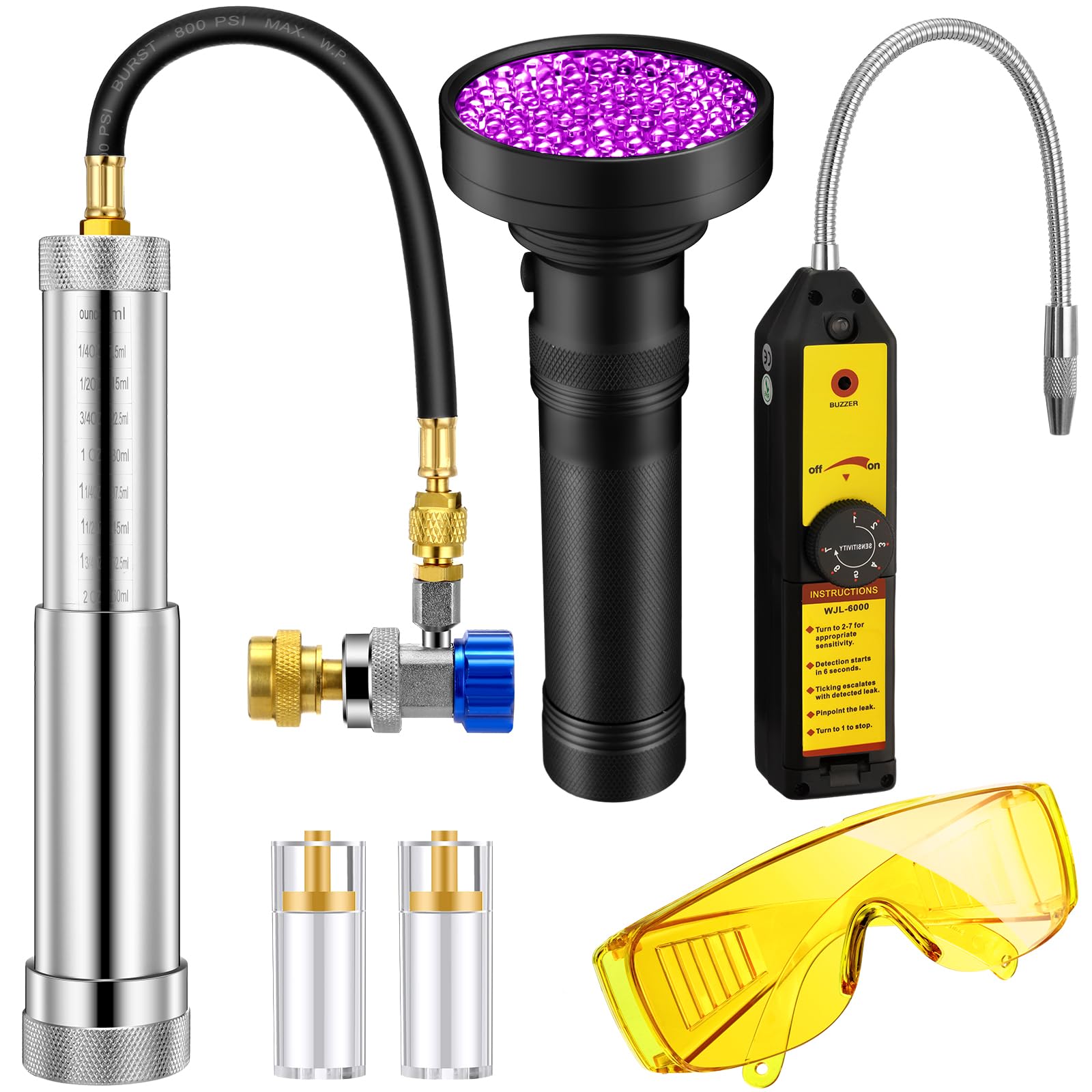 Glooglitter Kit de inyector de aceite y tinte y detector de fugas con acoplador ajustable y comprobadores de aceite y detector de fugas con luz UV y gafas protectoras para sistema refrigerante R134A