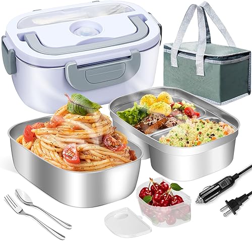 LAVAED Calentador térmico de lonchera  Fiambrera eléctrica de 80 W para adultos  Calentador de alimentos 2 en 1 para cochecamiónoficinaexterior  Sin