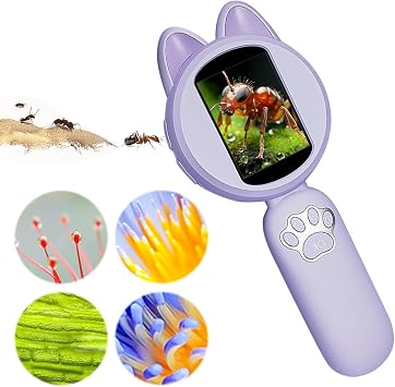 digital handy microscope, pocket microscope, 2" IPS eye protection screen, 4 zoom buttons, 8 LED lights, and 3 intelligent games. Makes a great birthday gift. Purple