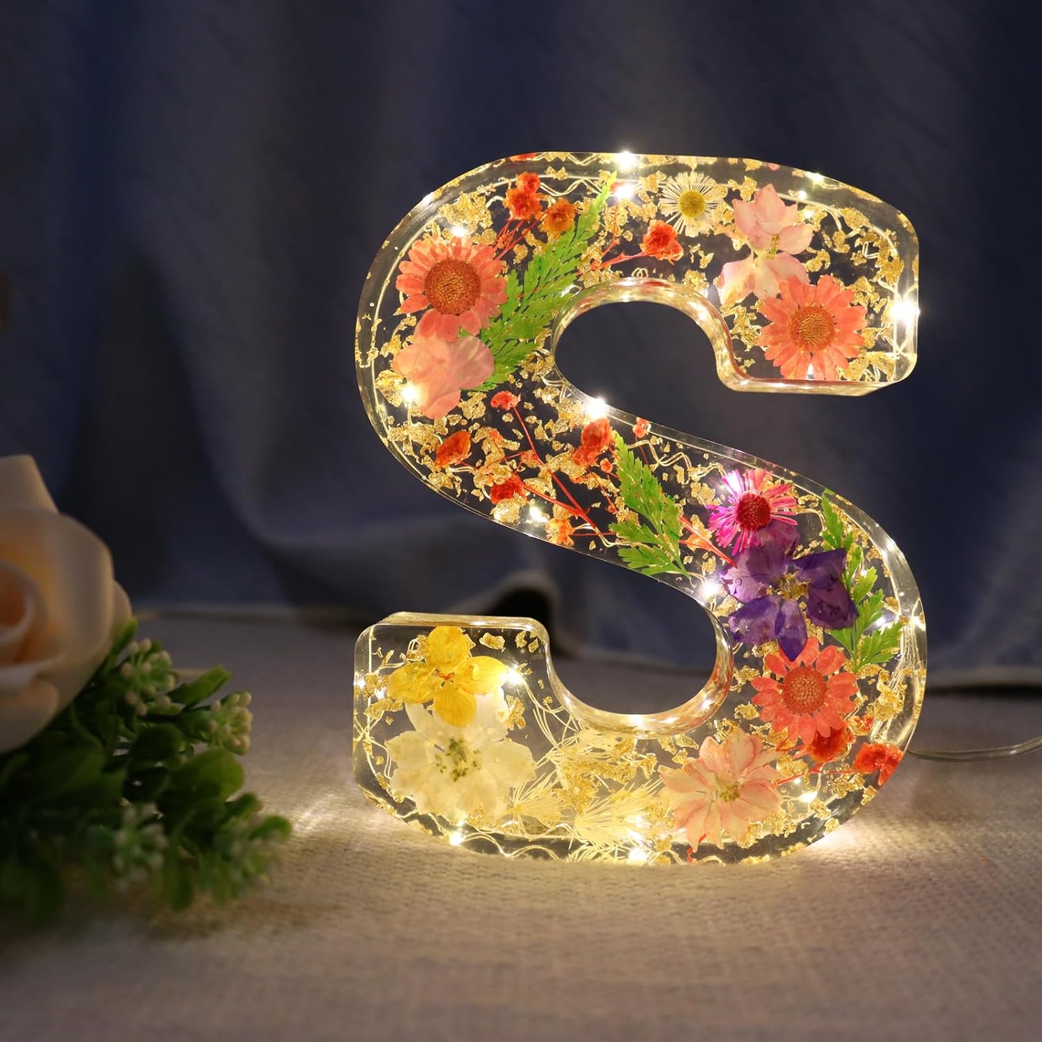 Handmade Large Dried Floral Resin Night Light Letter with LED Lights for Women Girls Christmas Birthday Wedding Gifts (Letter S)