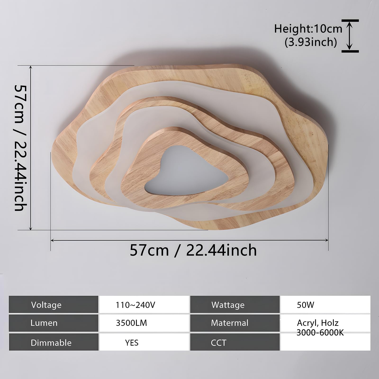 Lámpara Techo LED Madera | Ø57cm 50W 4300lm | 3000K-6000K Regulable Con Control Remoto, Lámpara Moderna Madera Natural + Nubes Acrílicas, Sala Estar Dormitorio Infantil Cocina Comedor Casa