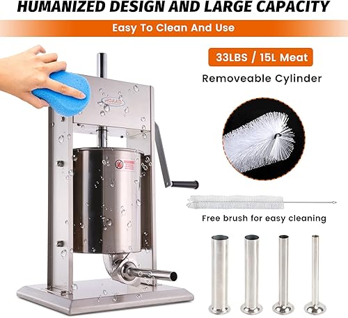 Miniatura 4 de Hakka - Embutidor de salchichas vertical de acero inoxidable de 2 velocidades, 25 libras12 L
