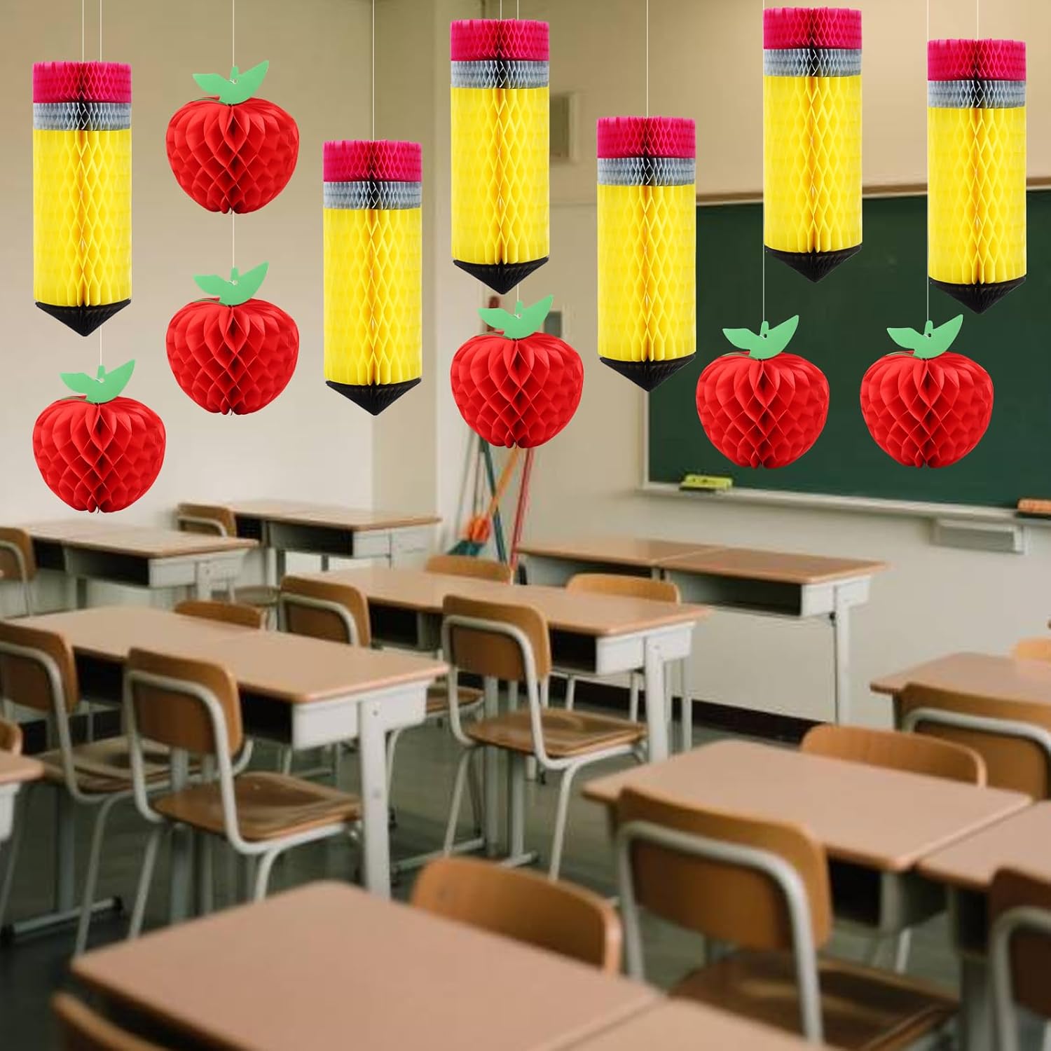 FOIMAS 12pcs Back to School Hanging Honeycomb Decoration Apple-Shaped Pencil Hanging Decoration for Back to School Teacher Apperation First Day of School Classroom Party Decor