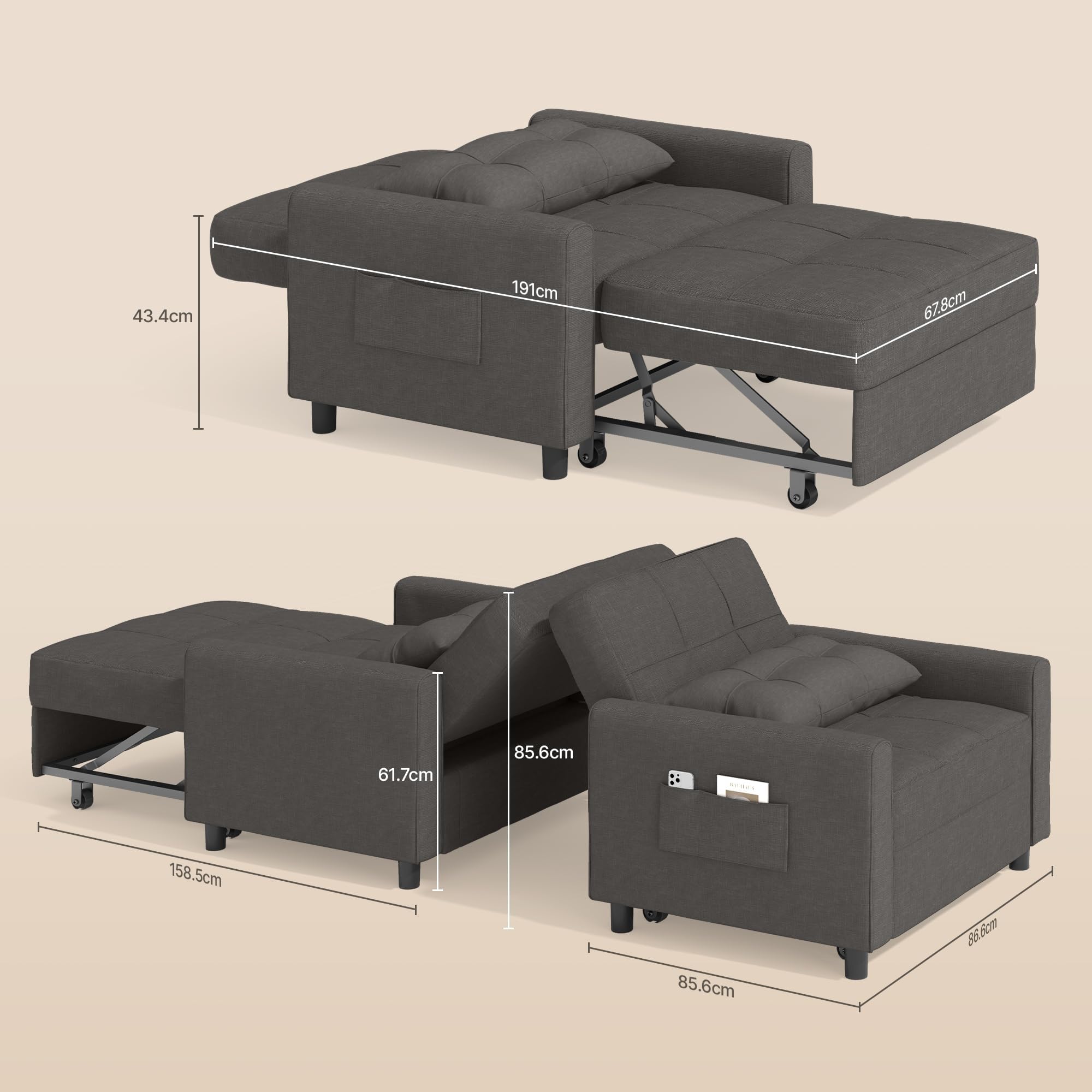 Bealife Relaxsessel, Schlafsessel mit Verstellbarer Rückenlehne, Fernsehsessel, Klappbares Schlafsofa, Relaxsessel fürs Wohnzimmer,Schlafzimmer(Dunkelgrau)