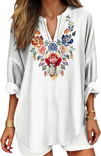 Womens Geometric Print V Neck Tunic Blouse Summer Long Sleeve Cotton Blend Loose Fit Ethnic Style Casual Shirt