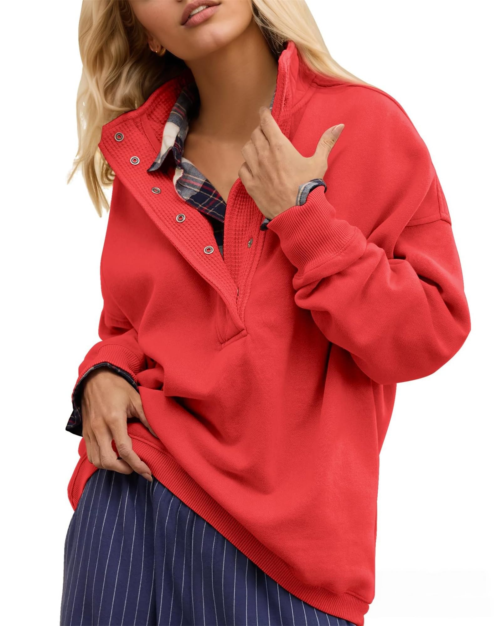 Generisch Damska bluza z kołnierzem Henley, guzikami i luźnym krojem