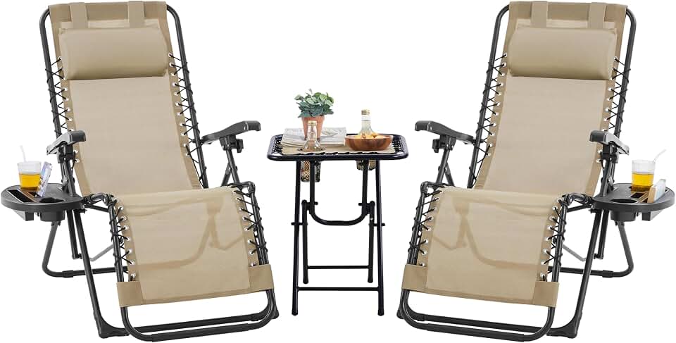 Yaheetech 2 Tumbonas o Sillas de Exterior Plegables y reclinables, con Mesa Auxiliar, Portavasos, Reposacabezas, Tumbonas de Gravedad Cero con Respaldo Ajustable, para Patio, Piscina, Beige