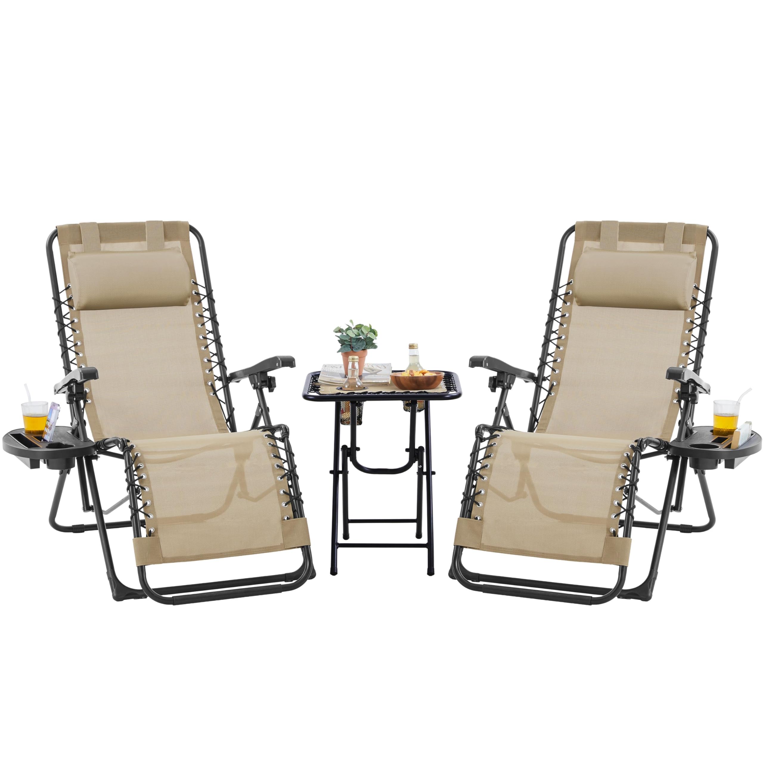 Yaheetech 2 Tumbonas o Sillas de Exterior Plegables y reclinables, con Mesa Auxiliar, Portavasos, Reposacabezas, Tumbonas de Gravedad Cero con Respaldo Ajustable, para Patio, Piscina, Beige