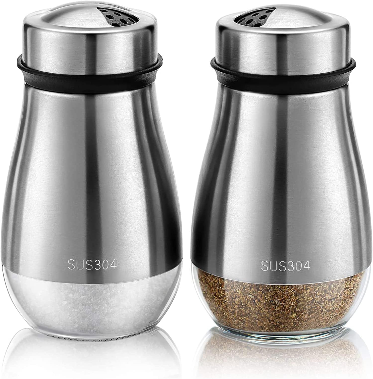 DELFINO 2pcs Salt and Pepper Shakers Set - Salt Shaker with Adjustable Pour Holes - 304 Stainless Steel Glass Spice Dispenser Refillable Perfect for Black Pepper, Kosher, and Sea Salts - Seasoning