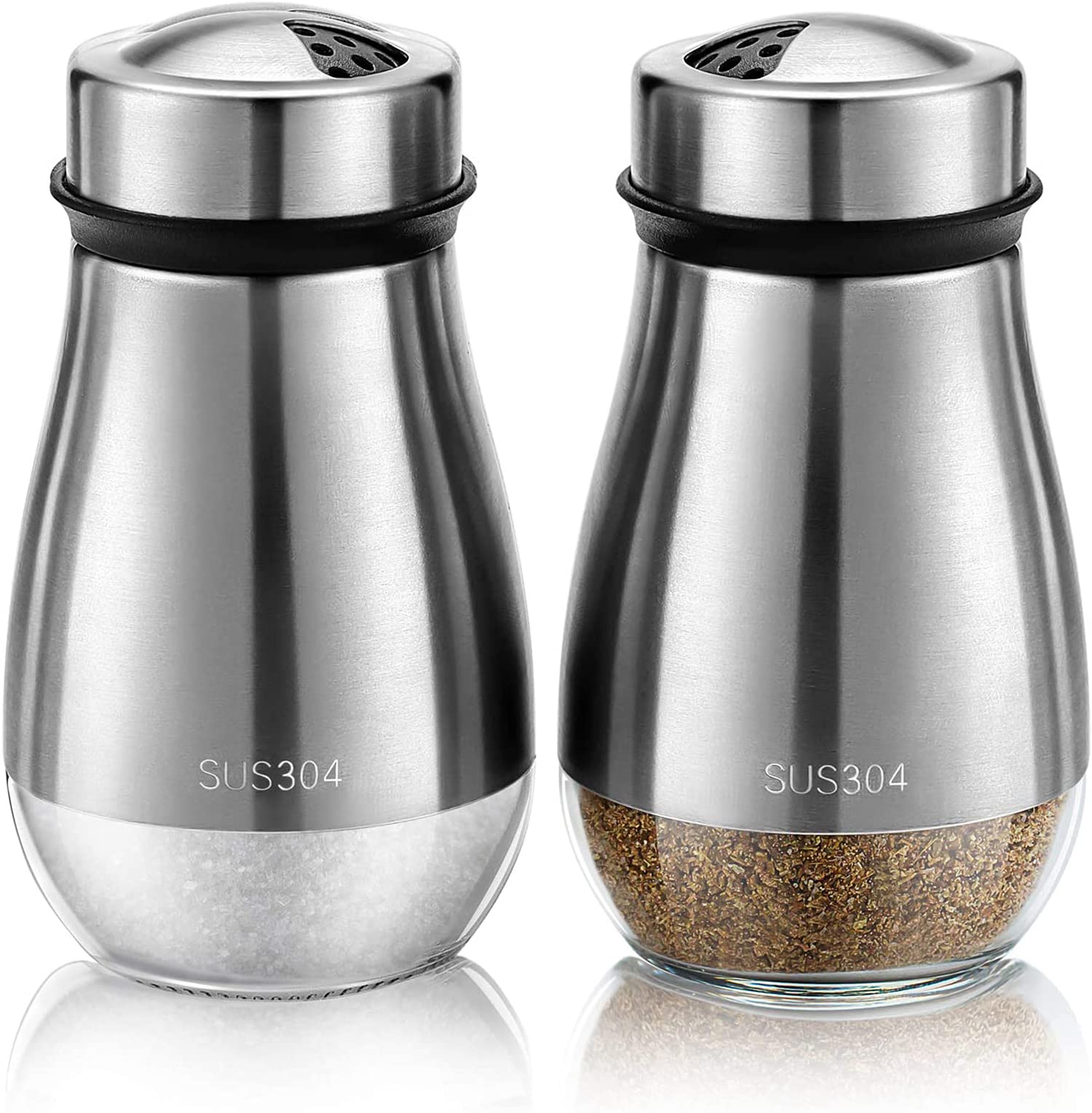 DELFINO 2pcs Salt and Pepper Shakers Set - Salt Shaker with Adjustable Pour Holes - 304 Stainless Steel Glass Spice Dispenser Refillable Perfect for Black Pepper, Kosher, and Sea Salts - Seasoning