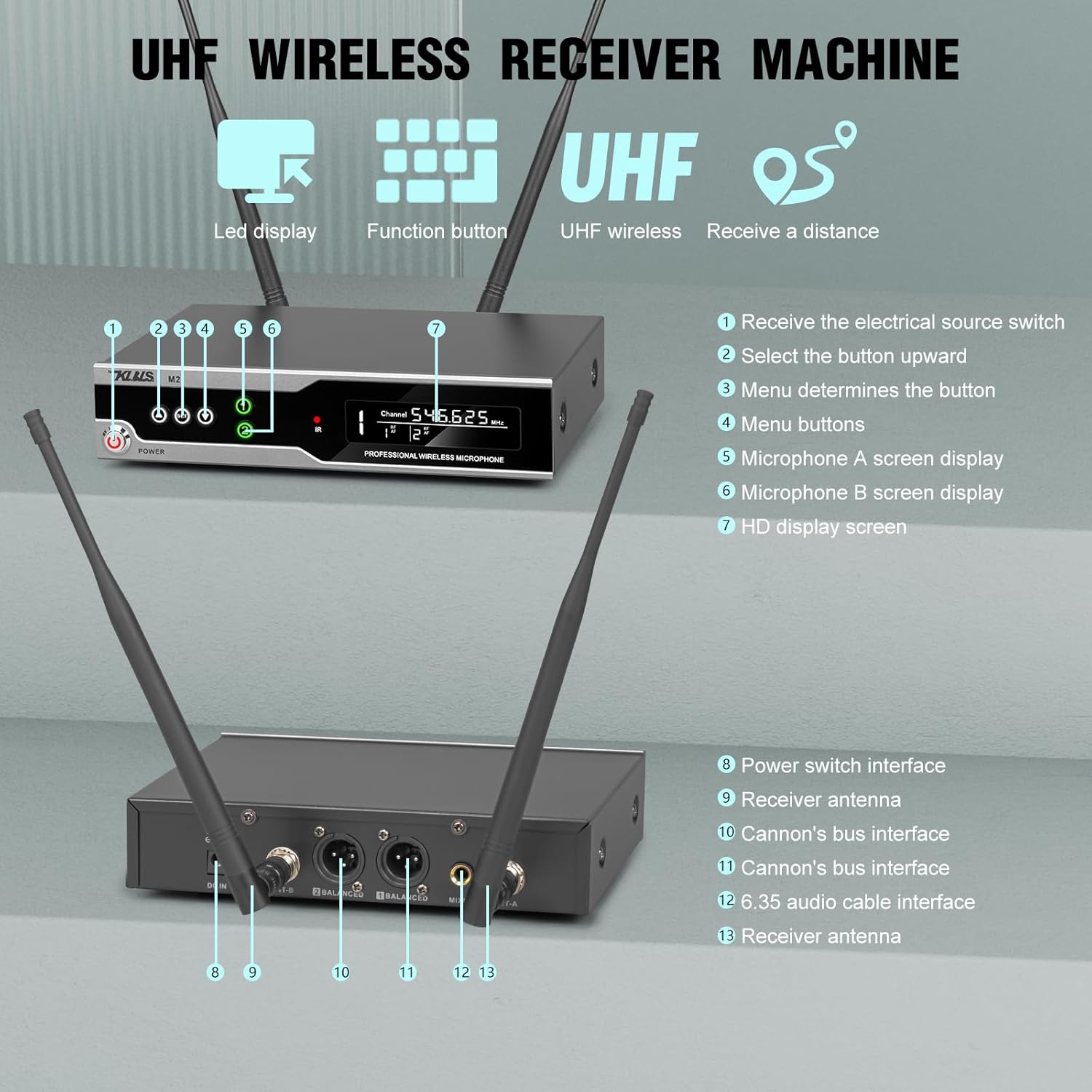 Wireless Microphone,Metal Dual Professional UHF Cordless Dynamic Mic Handheld Microphone System 300ft for Singing with Receiver Volume Control for Karaoke, DJ Party, Church, Wedding, Speech