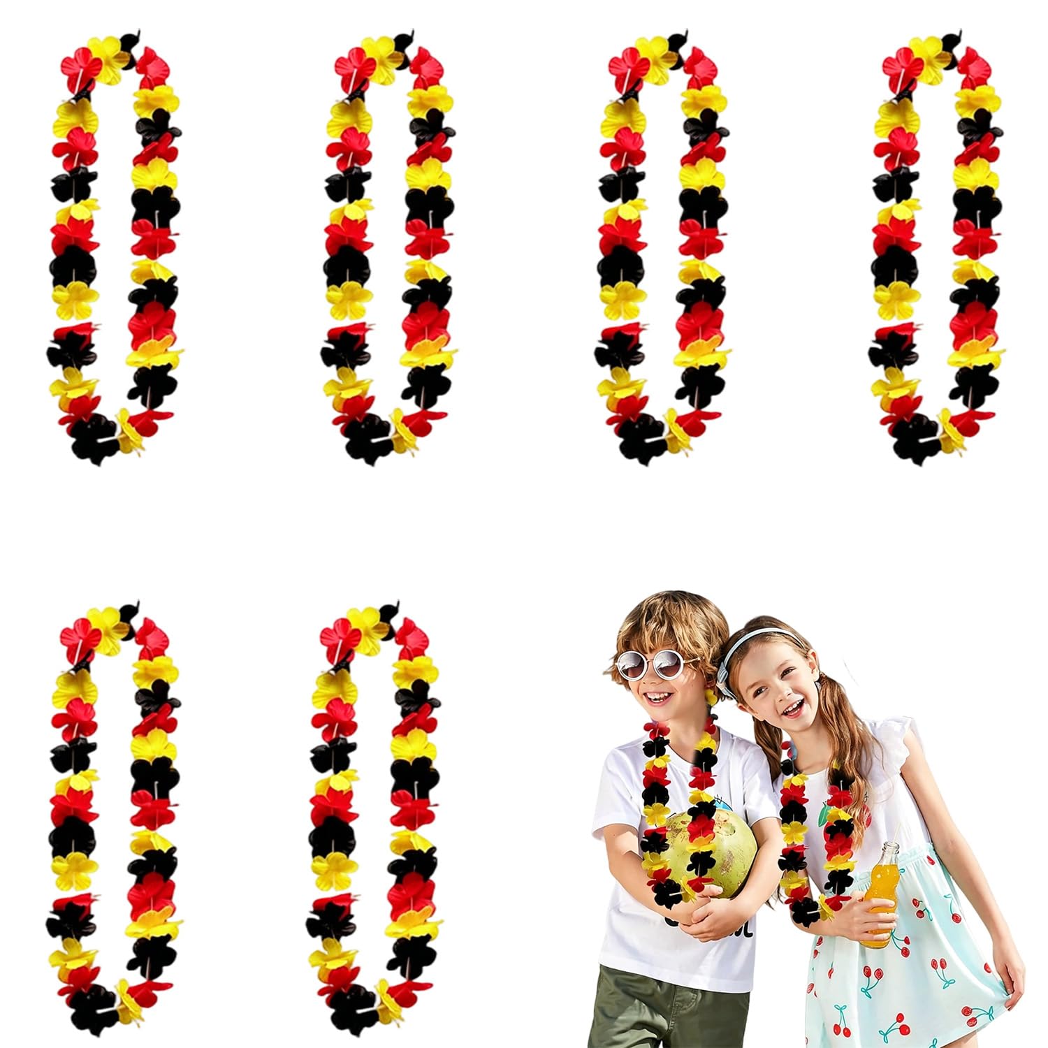 Lot de 6 Colliers Hawaïens de Fleurs Noir Rouge Jaune, collier de fleurs 96cm pour supporters de football, accessoire de fête pour matchs et soirées à thème sportif en polyester