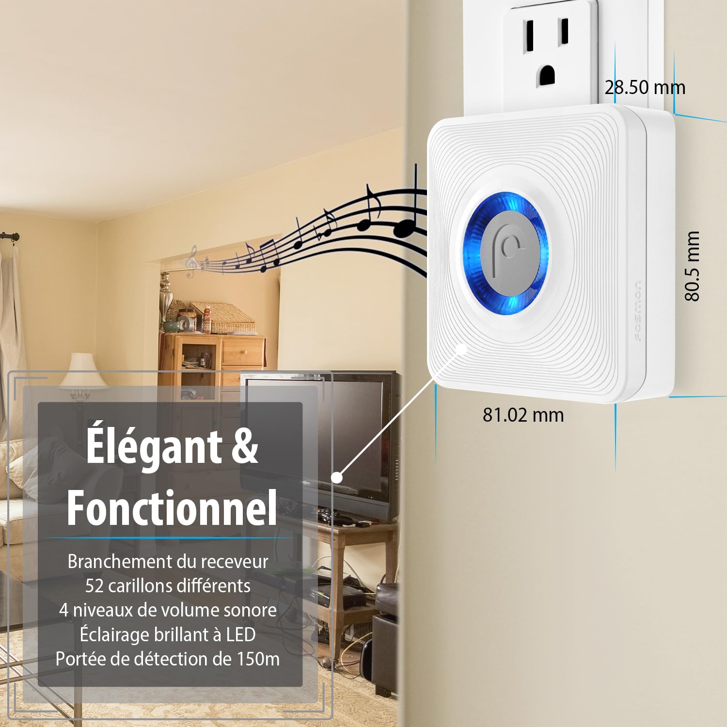 Fosmon – Détecteur de Mouvement sans Fil avec Alarme - Détecteur de Passage avec Carillon pour Commerce - Alarme Maison sans Fil - 1 Récepteur + 1 Capteur de Mouvement – Intérieur et Extérieur