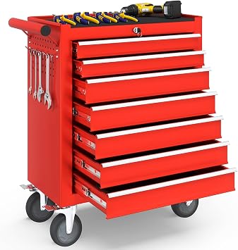7-Drawer Rolling Tool Chest with Wheels, Tool Box with Locking System and Sliding Drawers, Tool Box Organizer for Garage, Warehouse, WorkshopRed