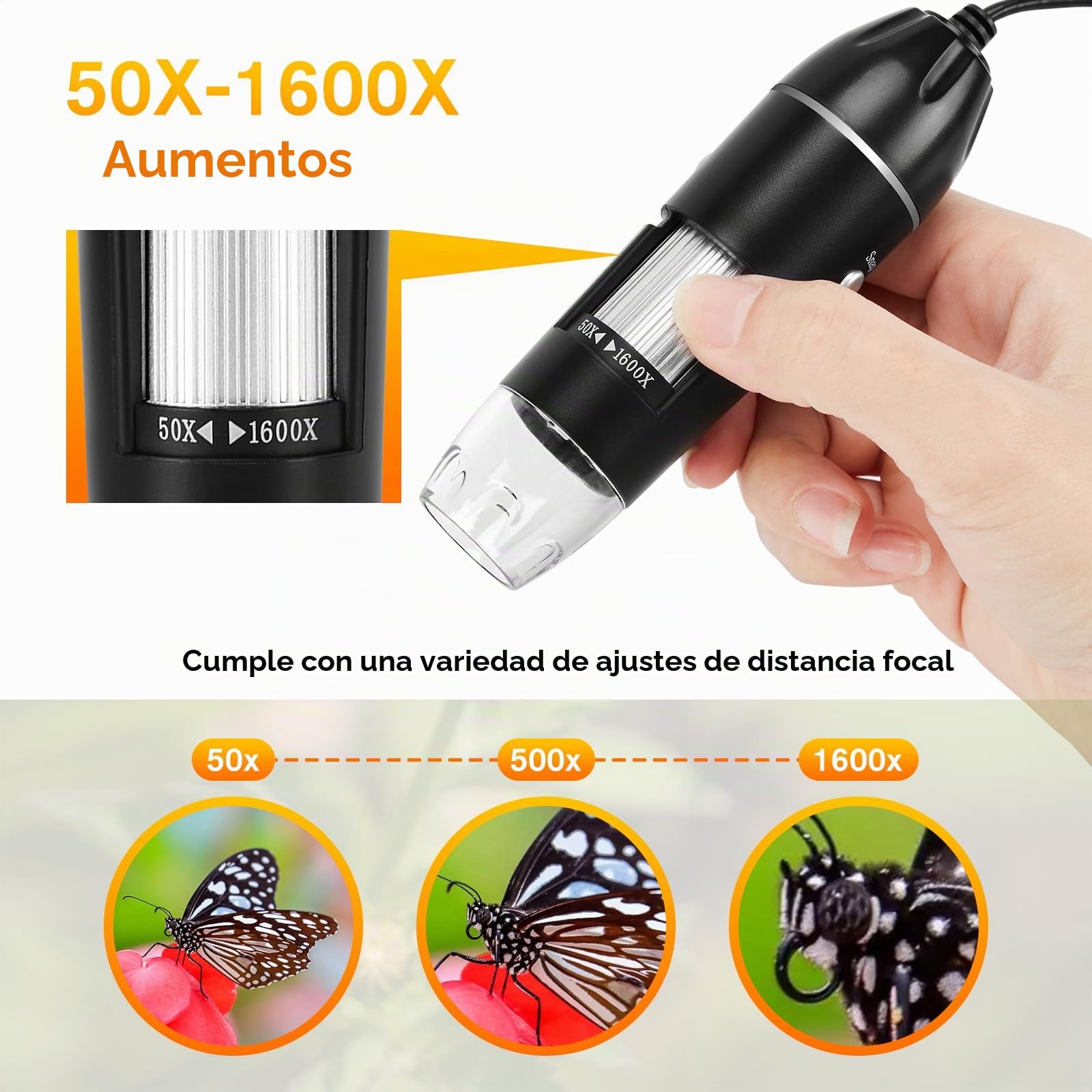 WADEO Microscopio Digital de Mano, microscopio USB 1440P HD con Aumento de 50X-1600X, cámara de inspección portátil sin WiFi, con Cable con 8 LED y Soporte, Compatible con iOS, Android y tabletas