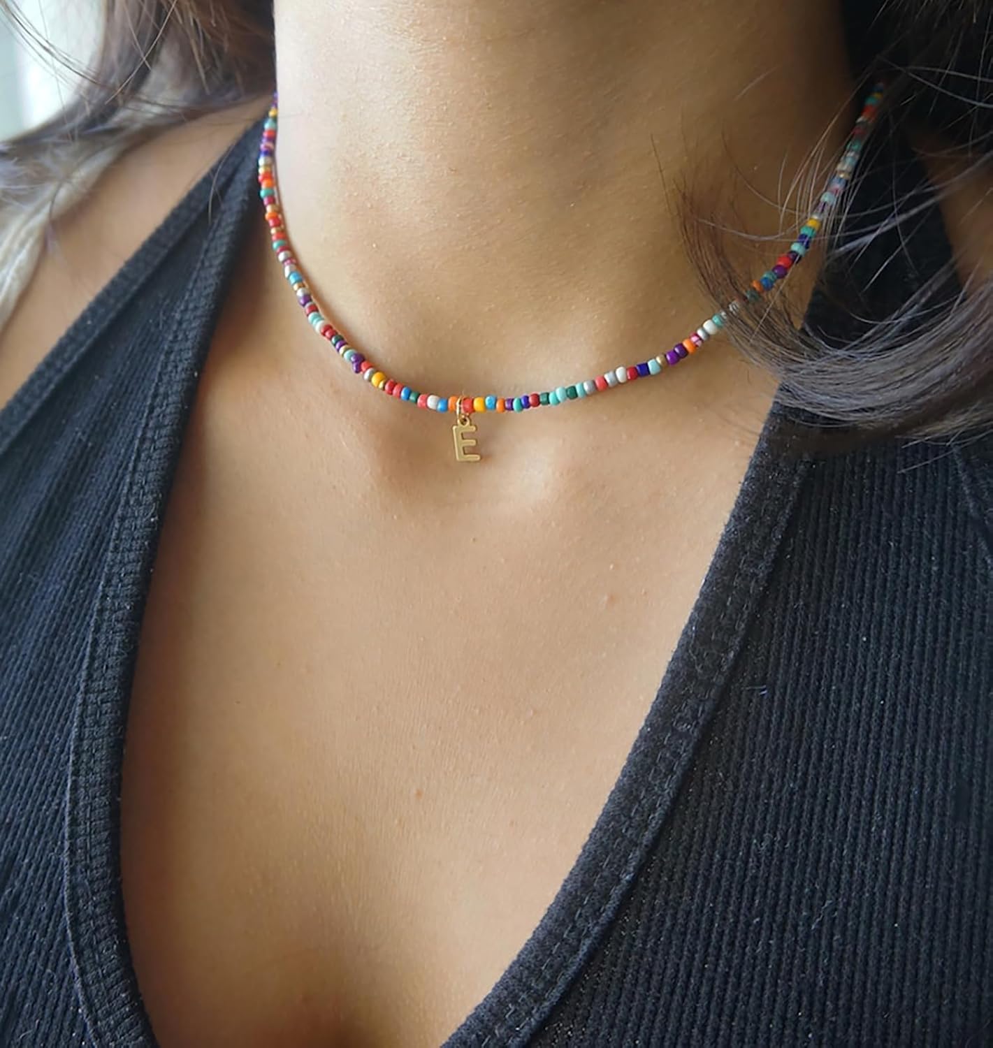 Colorful Beaded Initial Necklaces for Women, 18K Gold Plated Letter Necklace Choker Bohemian Necklace Boho 3MM Beads Choker Dainty Necklace Personalized Gifts - Image 3