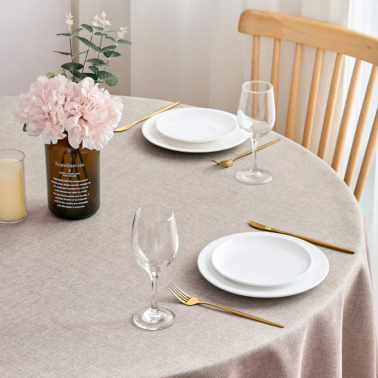 SPRICA Round Tablecloth 160cm Diameter Water Resistant Linen Texture Spill Proof Table Cover Solid Colour Circle Cover, Light Brown - Image 3