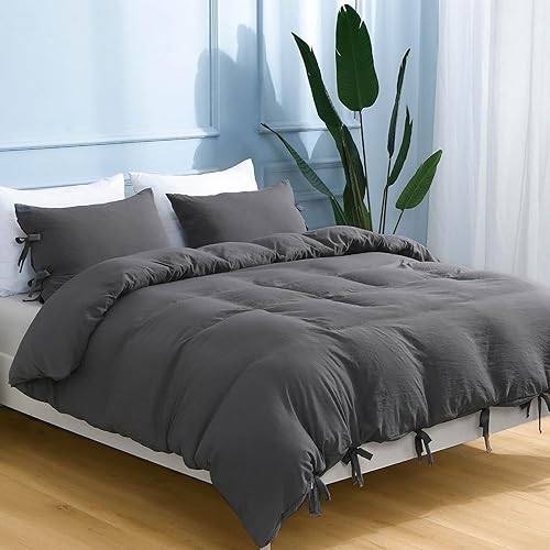 Miniatura 7 de ILAVANDE Juego de funda de edredón gris tamaño Queen, microfibra lavada ultra suave, funda de edredón de 3 piezas con corbatín, 1 funda de edredón
