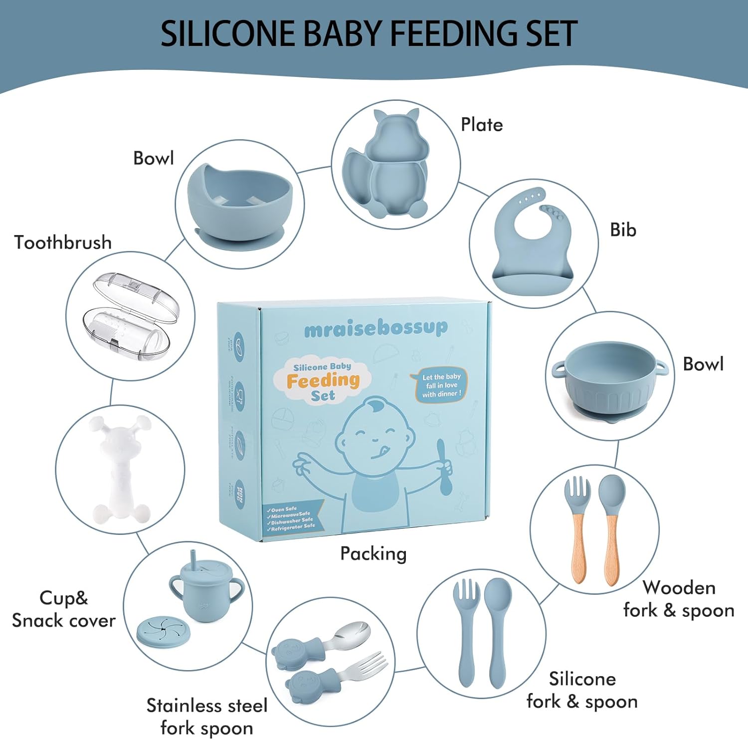Silicone Baby Feeding Set 15 Pcs，Baby Plates,Baby Spoons Suction Bowl Divided Plate Bib Cup Finger Brush Training cups,Baby Led Weaning Supplies（blue）