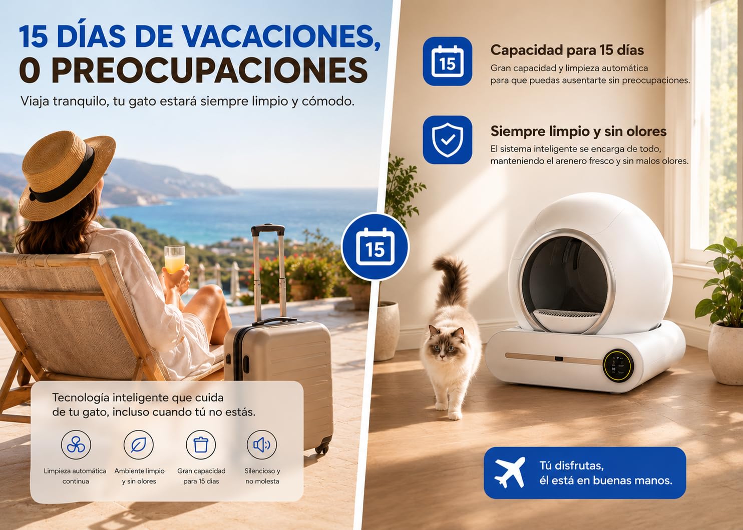 Arenero Autolimpiable para Gatos con App, Caja de Arena Automática 65L, Control de Olores, Monitor de Salud y Peso, Ultra Silencioso, Incluye Repuesto Base DE Arena Y Bolsas| Versión 2026