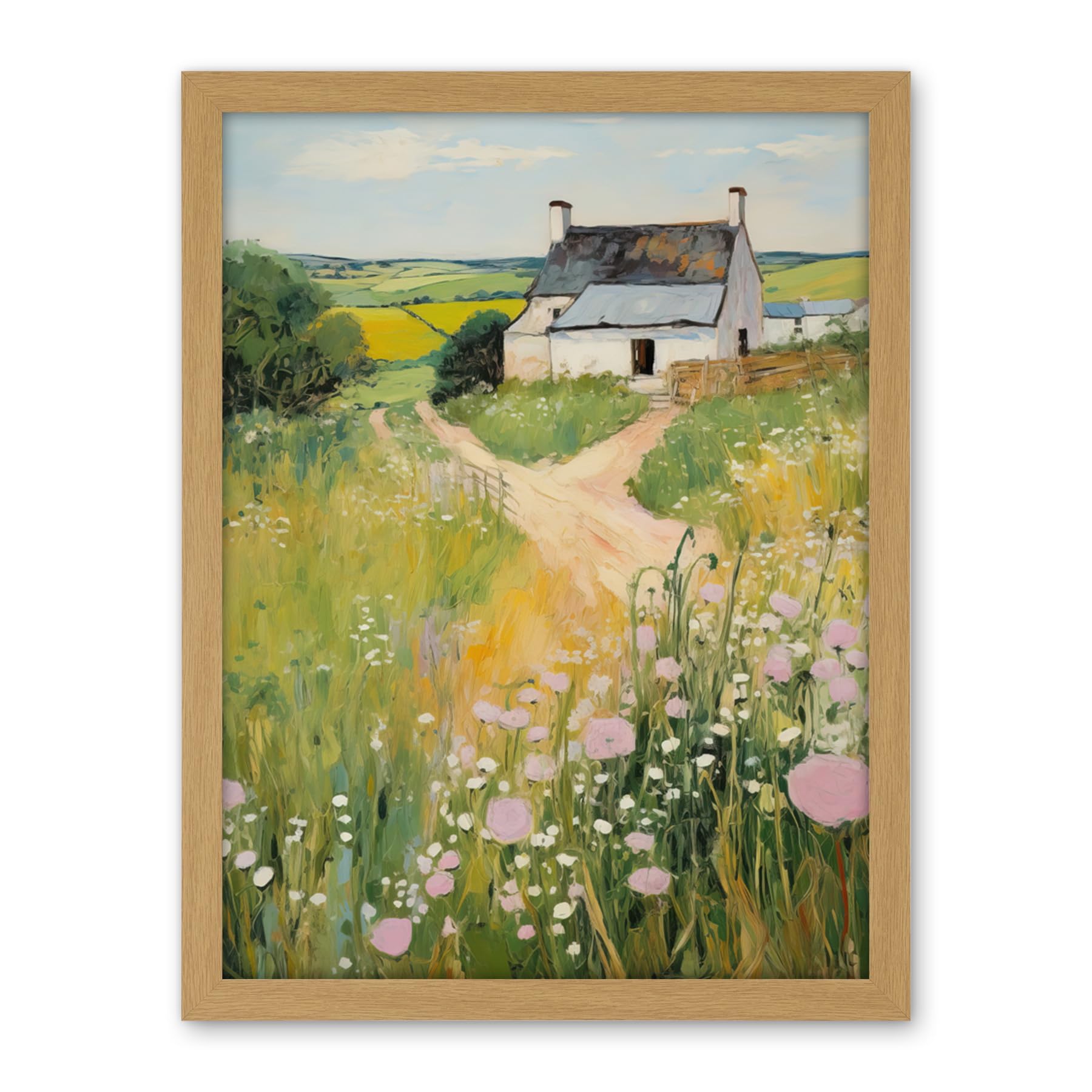 Artery8 Country Farmhouse Cottage Scene Traditional Landscape Oil Painting Meadows Countryside Summer Artwork Framed Wall Art Print 18X24 Inch