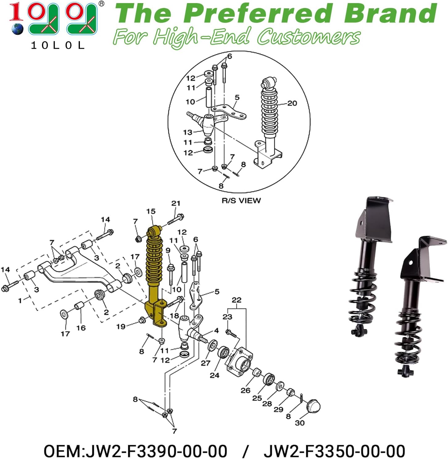 10L0L Golf Cart Front Shocks Absorber Assembly Set for Yamaha G29 Gas & Electric Carts, Passenger and Driver Side.JW2-F3390-00-00 JW2-F3350-00