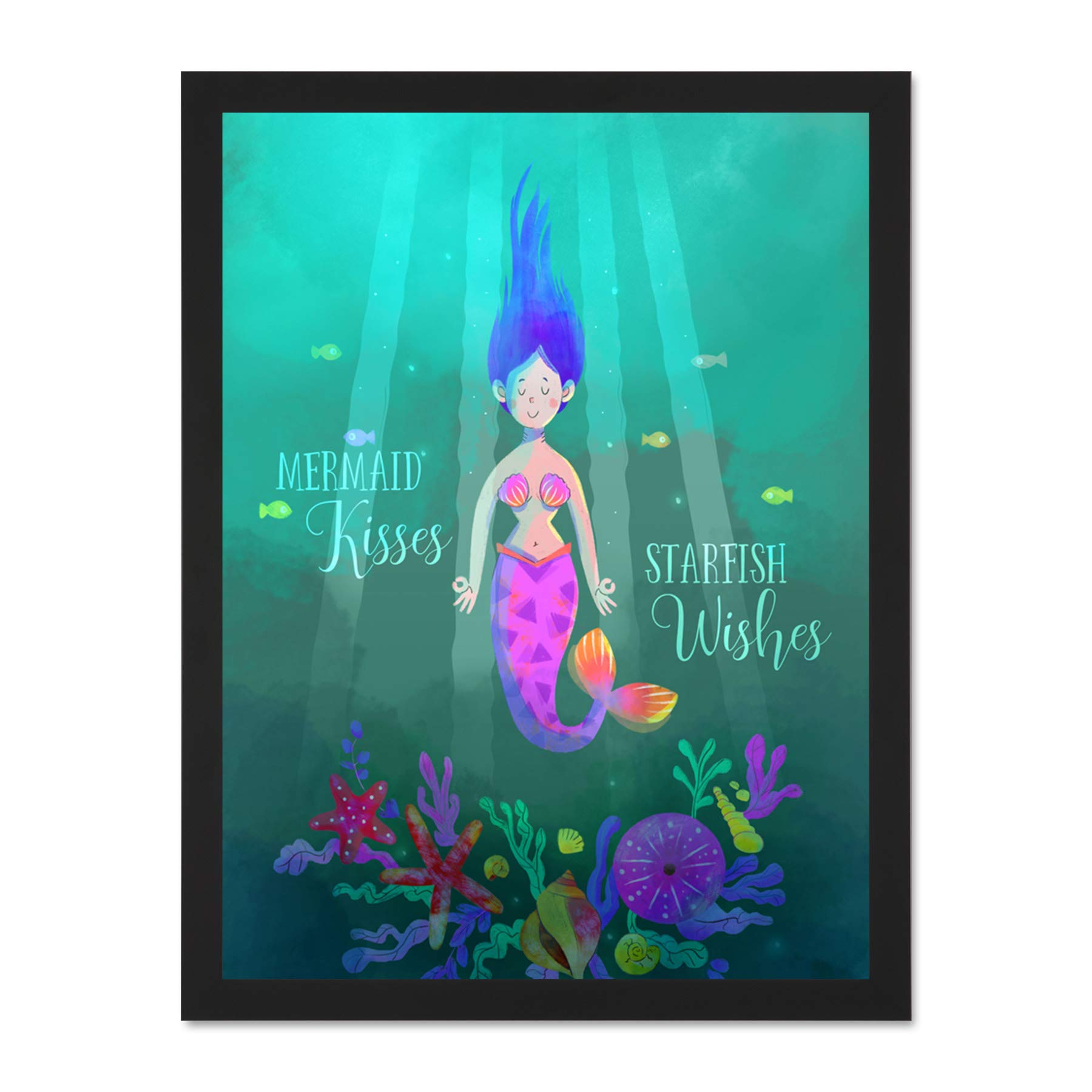 Wee Blue Coo Mermaid Kisses Starfish Wishes Wall Large Framed Art Print Poster Wall Decor 18x24 inch