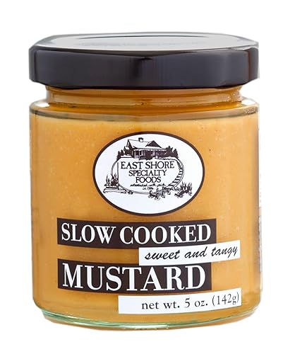 Mostaza dulce y picante de East Shore - Mostaza gourmet sin sal añadida - Tarro de 5 onzas - Condimento cocido a fuego lento para pretzels,