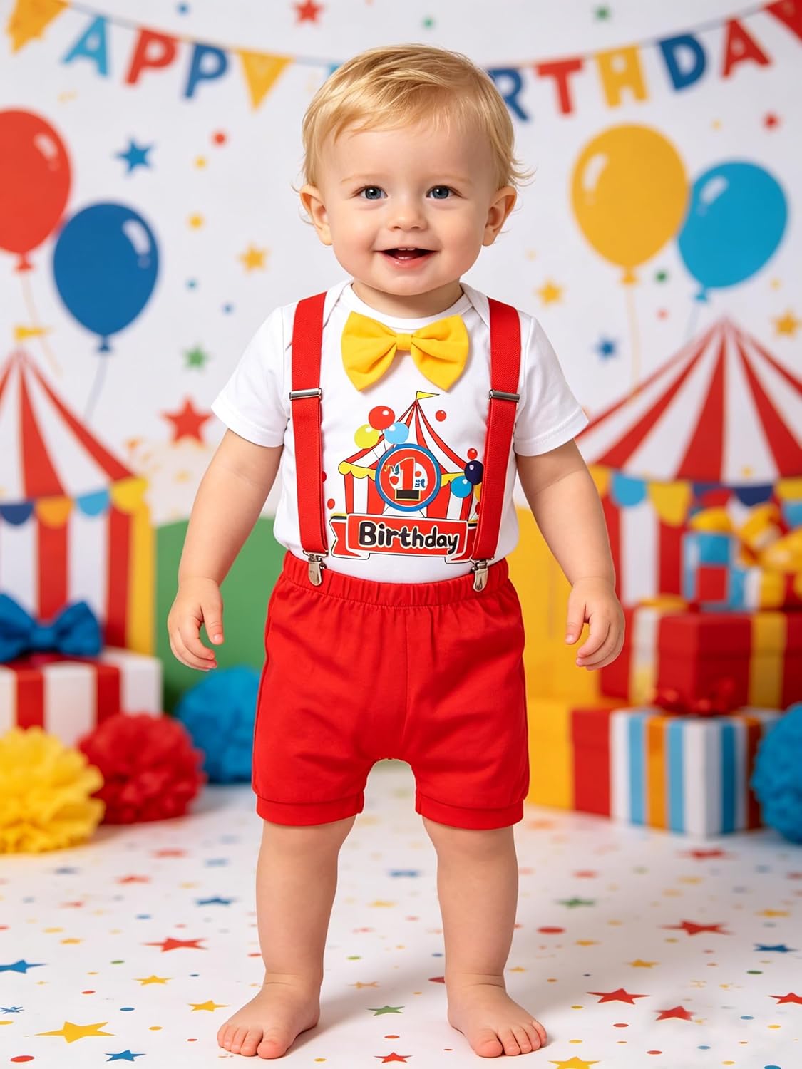 Baby Boy First Birthday Clothes, Circus Carnival 1st Birthday Outfit Bow Tie Romper Suspender Shorts Set