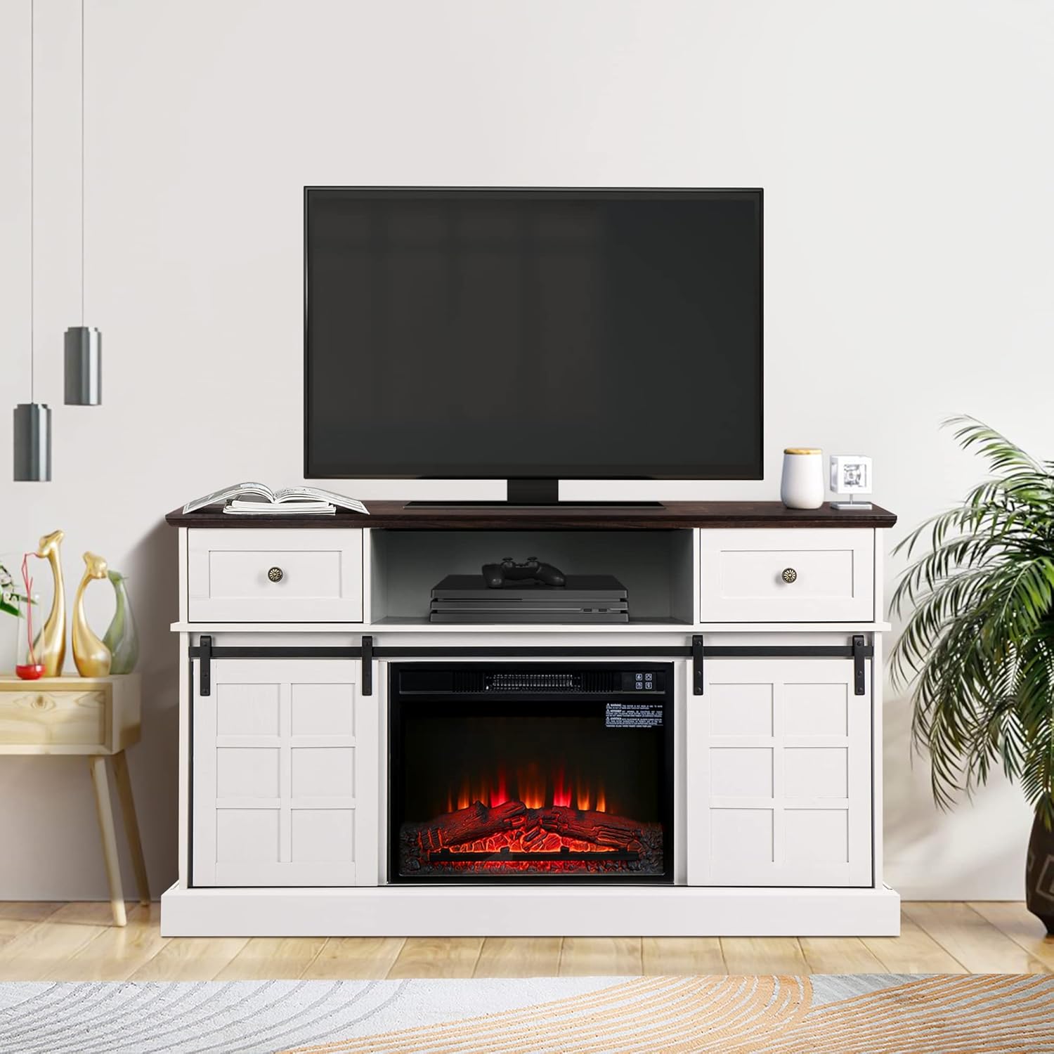 Three examples of flame brightness settings for the electric fireplace.