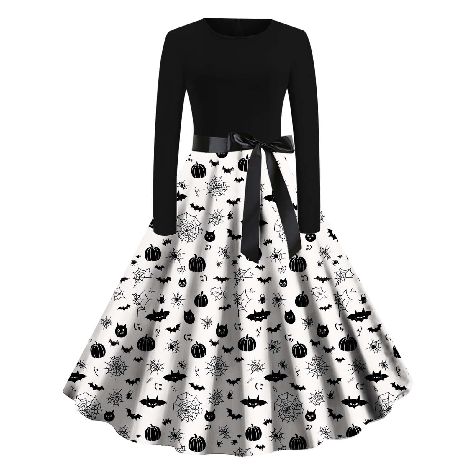 HAOLEI Halloween Costumes Adult Women, Ladies Halloween Dress Retro Pumpkin Skeleton Print Long Sleeve A Line Swing Dress Black Vintage Skull Witch Rockabilly Party Cocktail Novelty Dresses