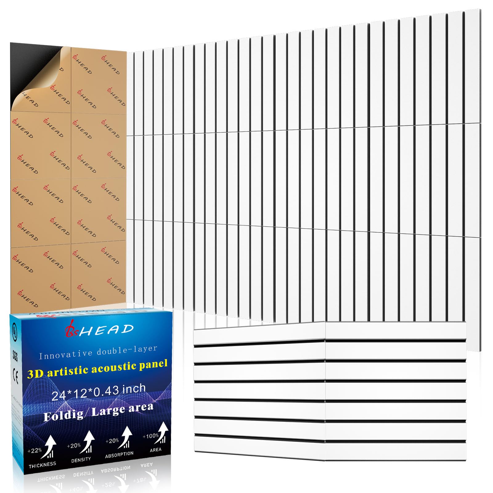 BSHEAD Paquete de 8 paneles de pared insonorizados plegables de 2 capas, paneles de espuma a prueba de sonido de 24 x 12 x 0.4 pulgadas para paredes, alta densidad de 0.9 libras/ft³, paneles acústicos